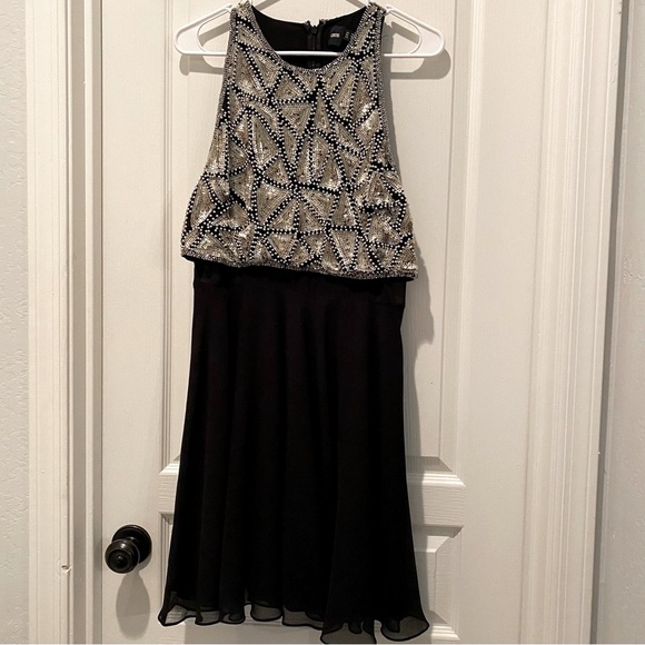 ASOS Mini Dress Embellished with Geometric Bodice Overlay Chiffon Skater Skirt - Picture 2 of 7